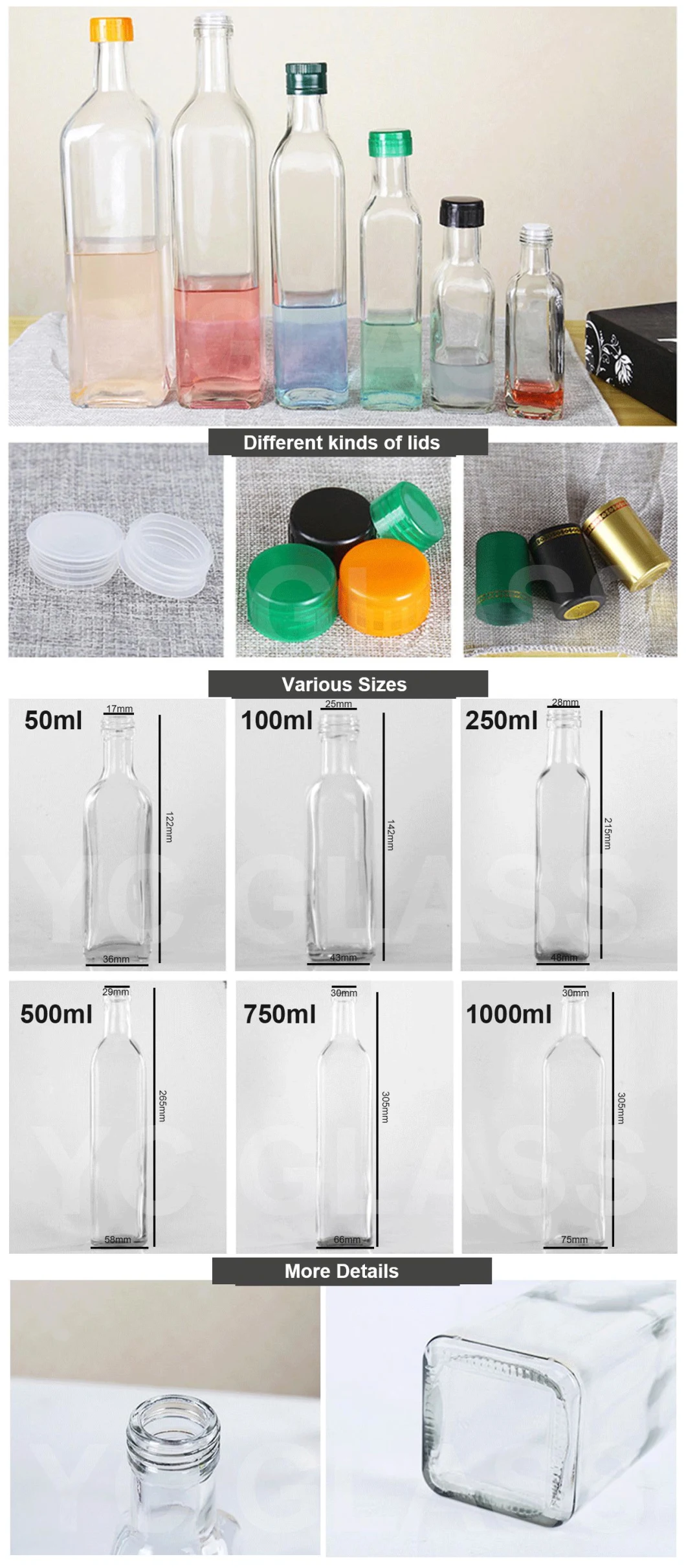 50ml 100ml 250ml 500ml 750ml 1000ml Empty Custom Amber Green Transparent Olive Oil Glass Bottles Wholesale for Oil