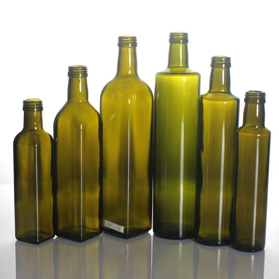 100 ml, 250 ml, 500 ml, 750 ml, 1000 ml, quadratische Glasflasche, Olivenölflasche, dunkelgrüne Öl- und Essig-Menge-Flasche mit Ausgießern